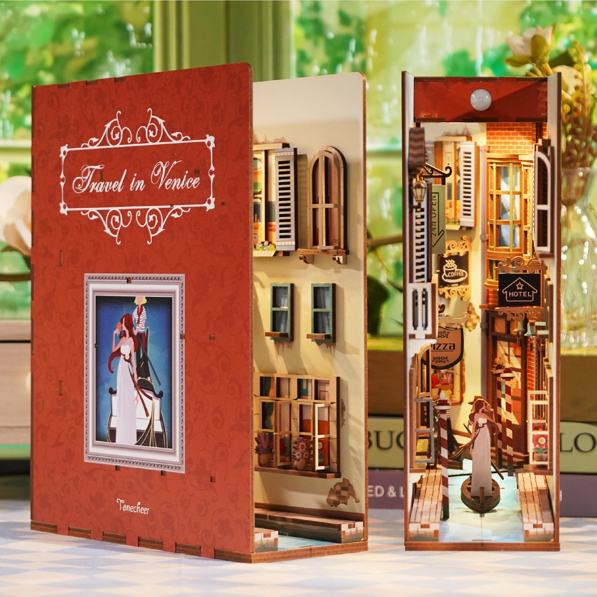 Tonecheer Travel In Venice3D Wooden DIY Miniature House Book Nooks with body sensor led light
