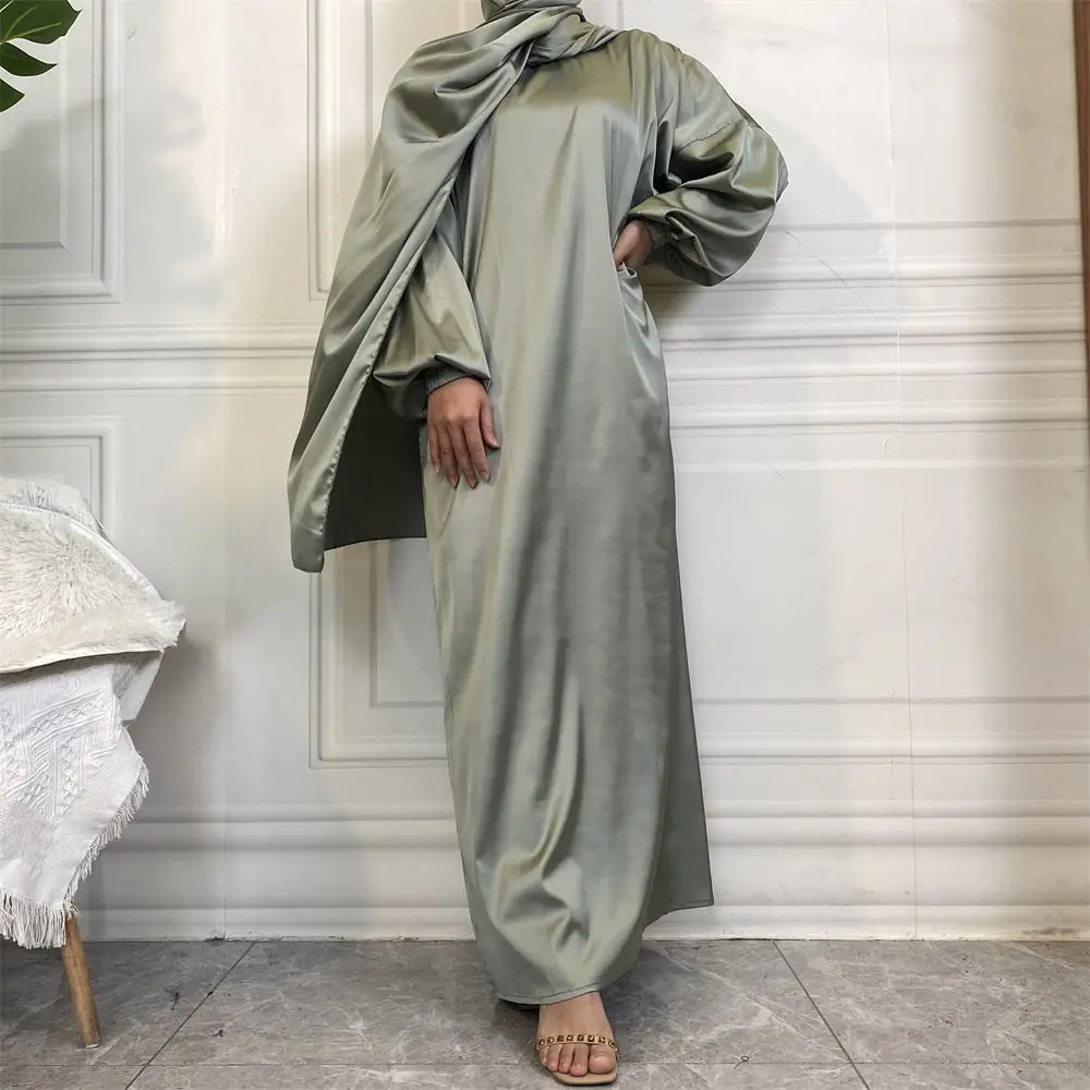 6675# New Style Satin Muslim Long Dress with Hijab Pray Islamic Women Saudi Arabia Modest Dresses