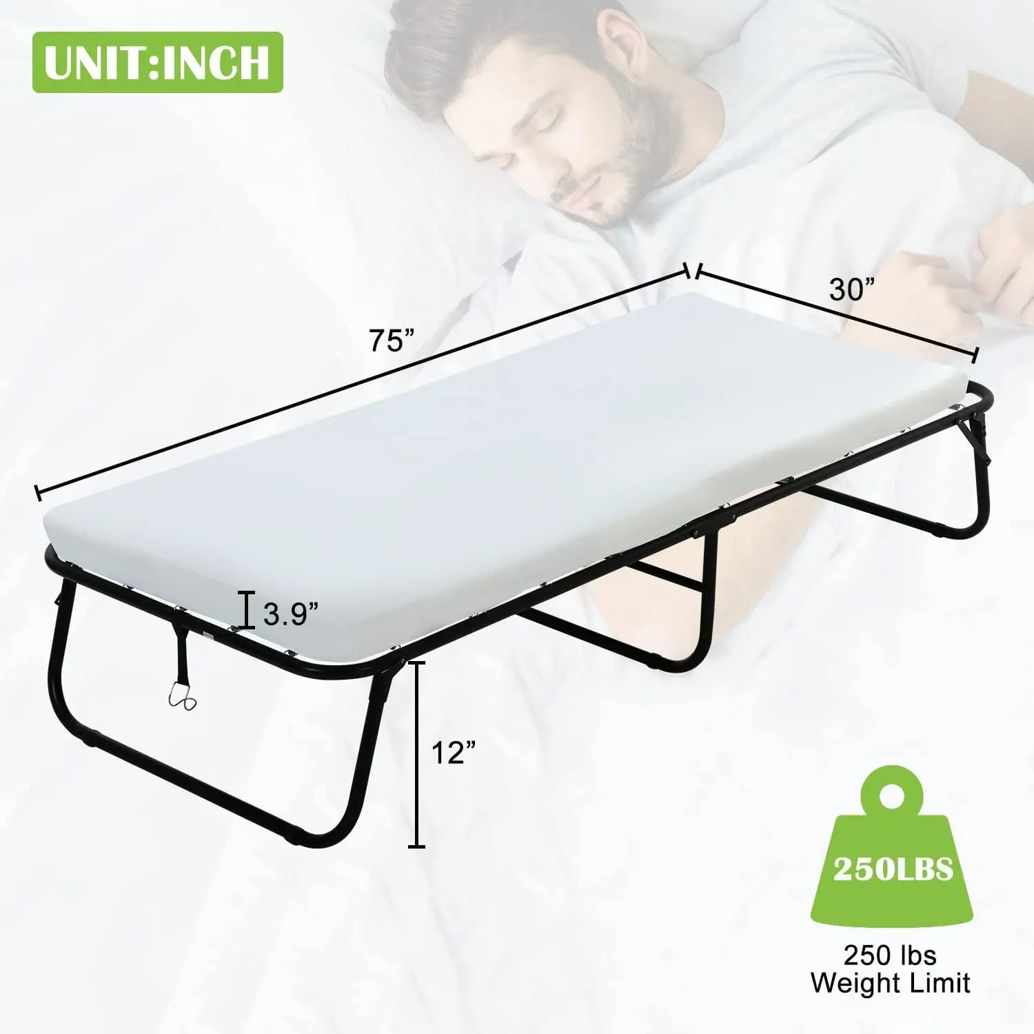 Portable Wall Metal Hospital Home Office iron Guest Folding Sofa Bed with Thick Memory Foam Mattress for Adult Spare Bedroom