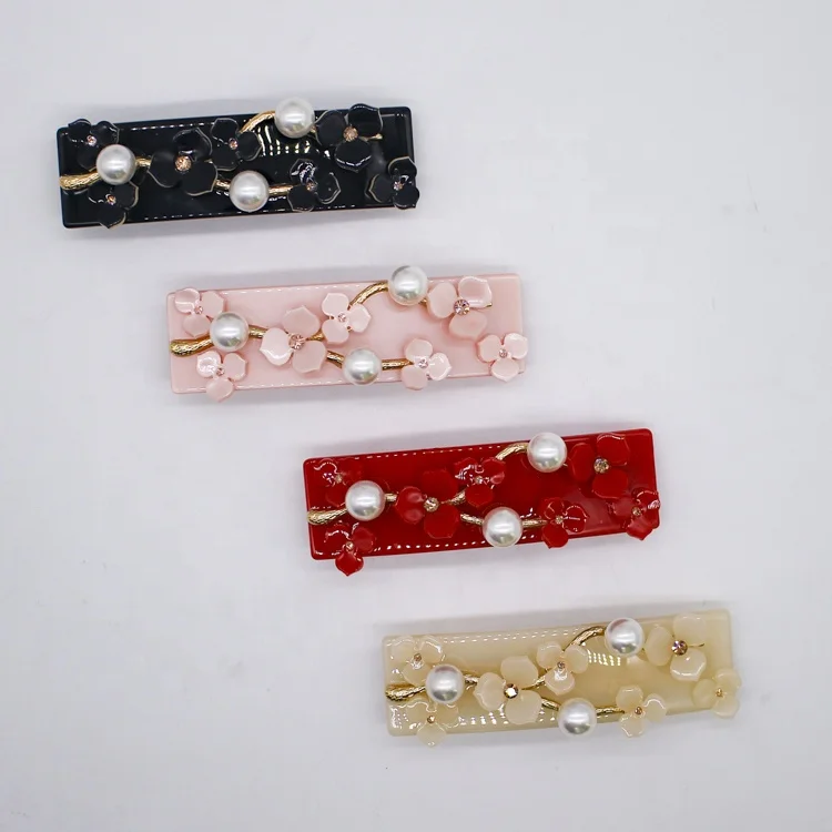 
French Style Fashion Colorful Hair Clips Acetate Pearl Rhinestone Flower Hair Barrettes For Women 