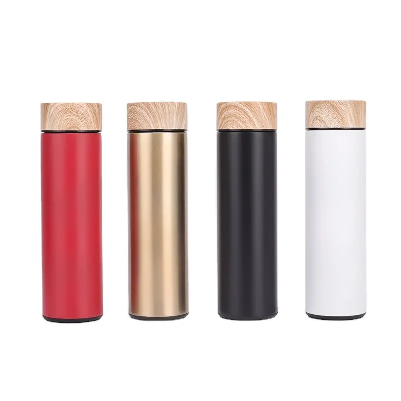 Wholesale Fashion Water Bottle 450ml Double Wall Stainless Steel Vacuum Coffee Mug Termos Flask with Wooden Grain Lid