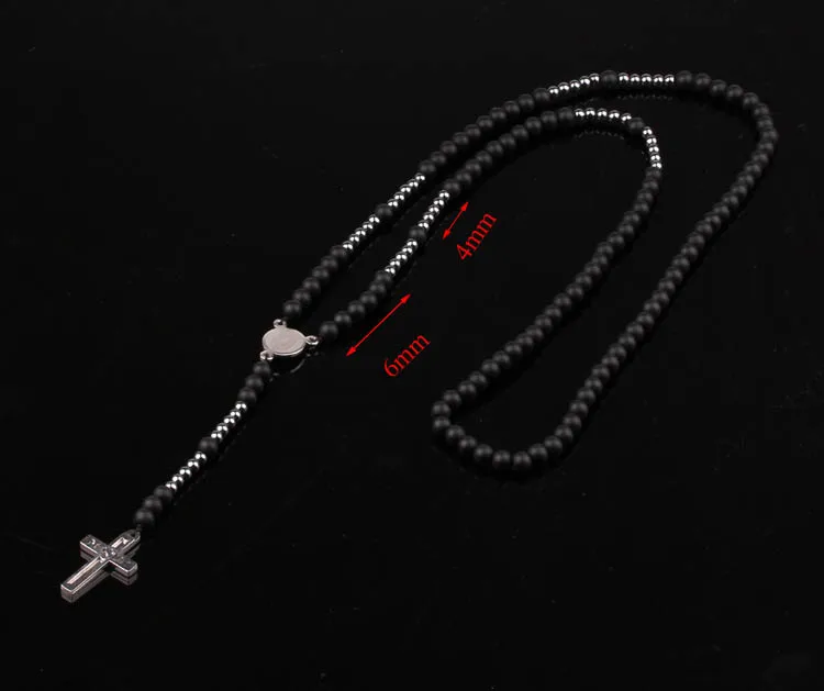 Stainless Steel Cross And Matte Onxy Hematite Beaded Handmade Rosary Men Necklace