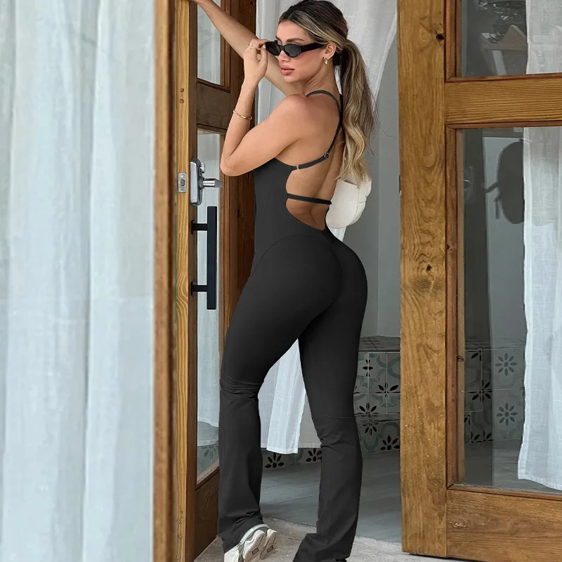 HANO Fashion New Sleeveless Neck Halter Solid Color One Piece Rompers Women Jumpsuit Backless Full Length Casual Sports Female J