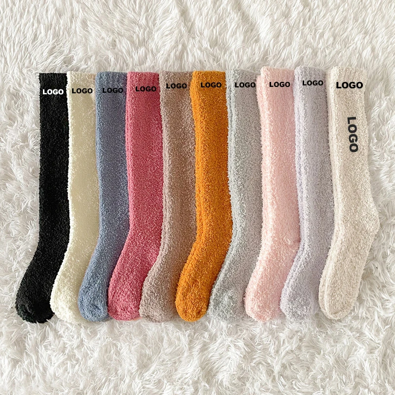 Custom  Embroidery Logo Winter Keep Warm Thick  fuzzy Coral Bed Sock solid color floor sleeping socks Women knee high Soft socks