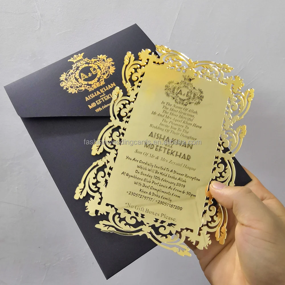 New designs Custom Gold Mirror laser cut Acrylic Wedding Invitations with hot stamp text birthday invitation cards menu cards