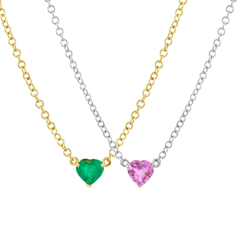 Slovehoony Emerald Heart 18k Gold Fine Jewelry Necklace Pink Sapphire Bezel Heart Necklaces For Women