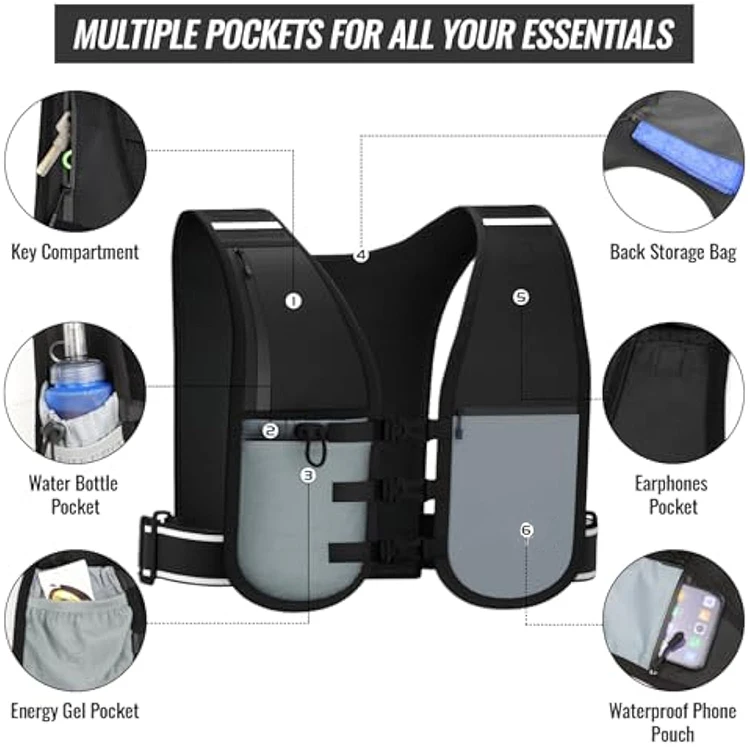 BSCI ISO Running Vest with Water Bottle, Lightweight and Reflective Phone Holder , Breathable Hydration