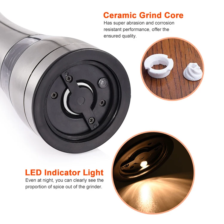 Stainless Steel Battery Operated Electric Salt Pepper Grinder Pepper mill With LED light