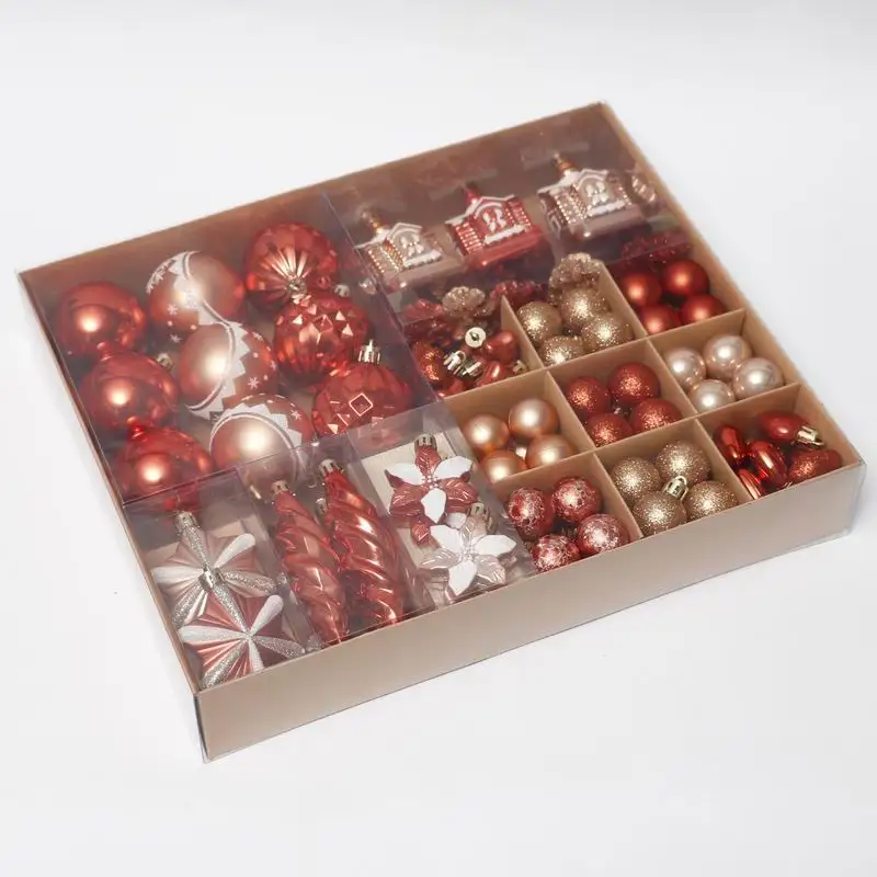 Wholesale gifts plastic ball ornaments mixed in brown paper box 71pcs suit pack fashion luxury Christmas tree decorations