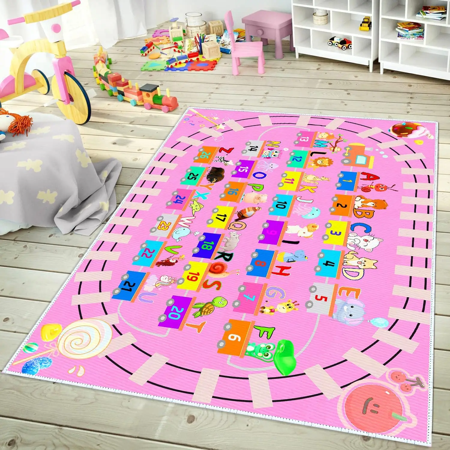Kids ABC Pink Play Rug Alphabet Rugs with Numbers Animal Train and Road Shapes Learning Fun Educational Carpet Play mat for Kids