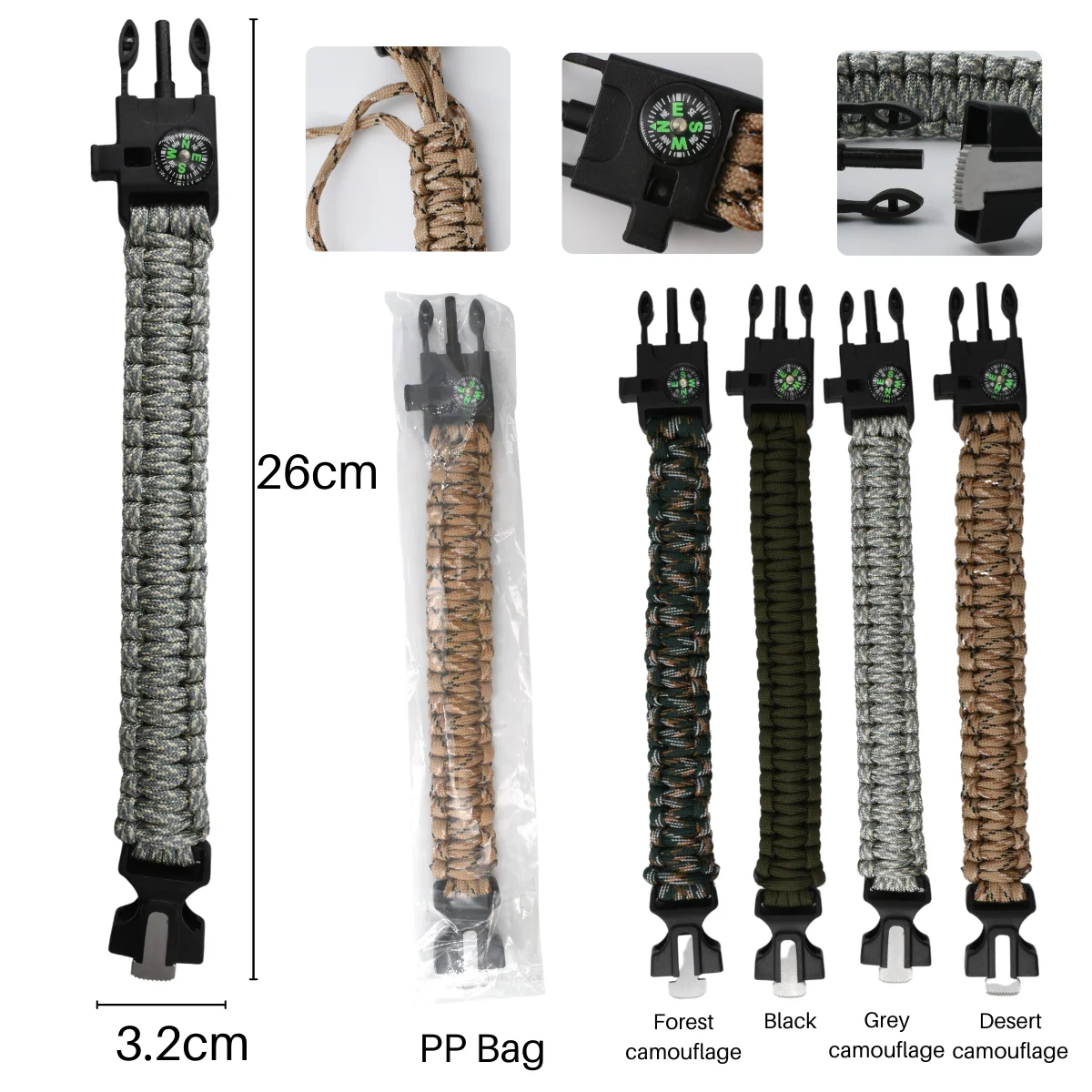 Браслет для выживания Anthrive Paracord, громкий свисток, аварийный компас, скребок для выживания, аксессуары для пешего туризма, кемпинга