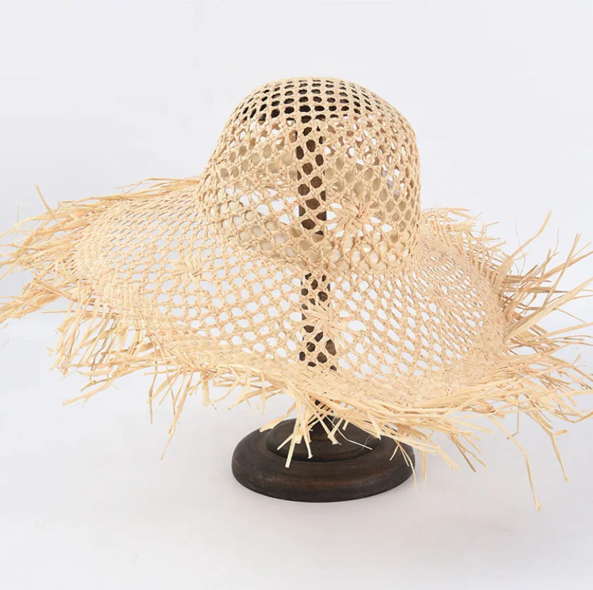 Новинка продажа по оптовым ценам; Принт натуральный с перекрестными шнурками из волокна «раффия» на соломенной шляпы для женщин больших размеров флоппи Защита от солнца пляжная шляпа широкими полями и неподшитой кромкой