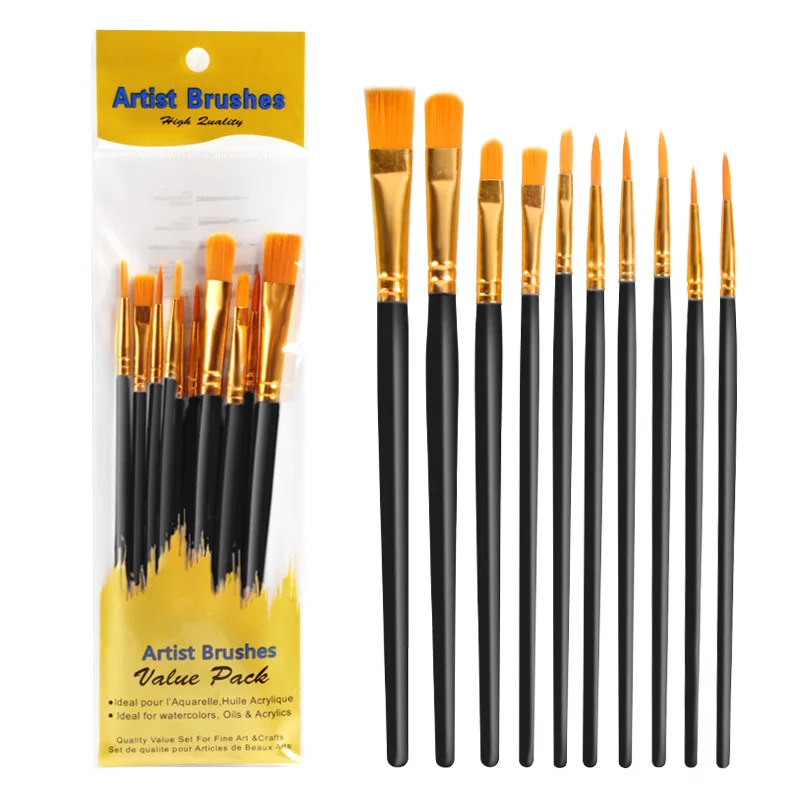 10Pcs/set Artist Paint Brush High Quality Nylon Hair Wood Handle Watercolor Acrylic Oil Brush Painting Art Supplies