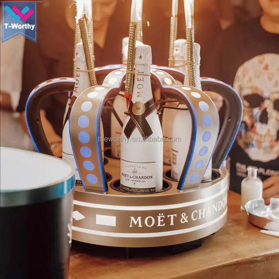 T-Worthy Customized Logo Metal King Crown LED Bottle Carrier Display Rack for Liquor Beer Champagne for Lounge Presentation