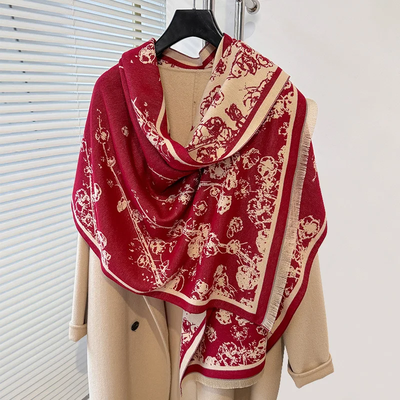 Newest Arrival Custom Logo Luxury Designer Flower Pattern Pashmina Shawl For Women Winter Warm Double-side Soft Cashmere Scarves