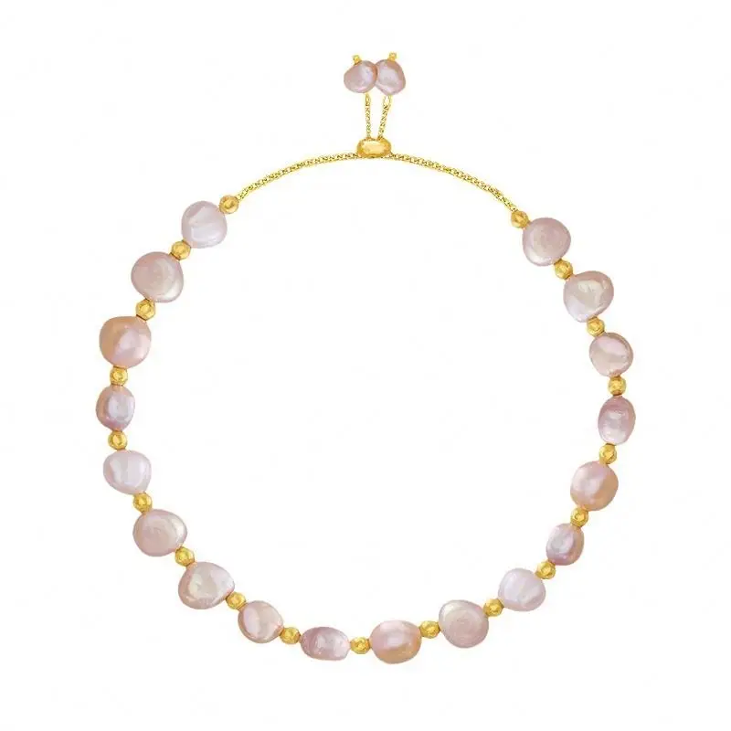 Luxury Vintage Style Pink White Freshwater Pearl Gold Plated Baroque Design Adjustable Beaded Bracelet