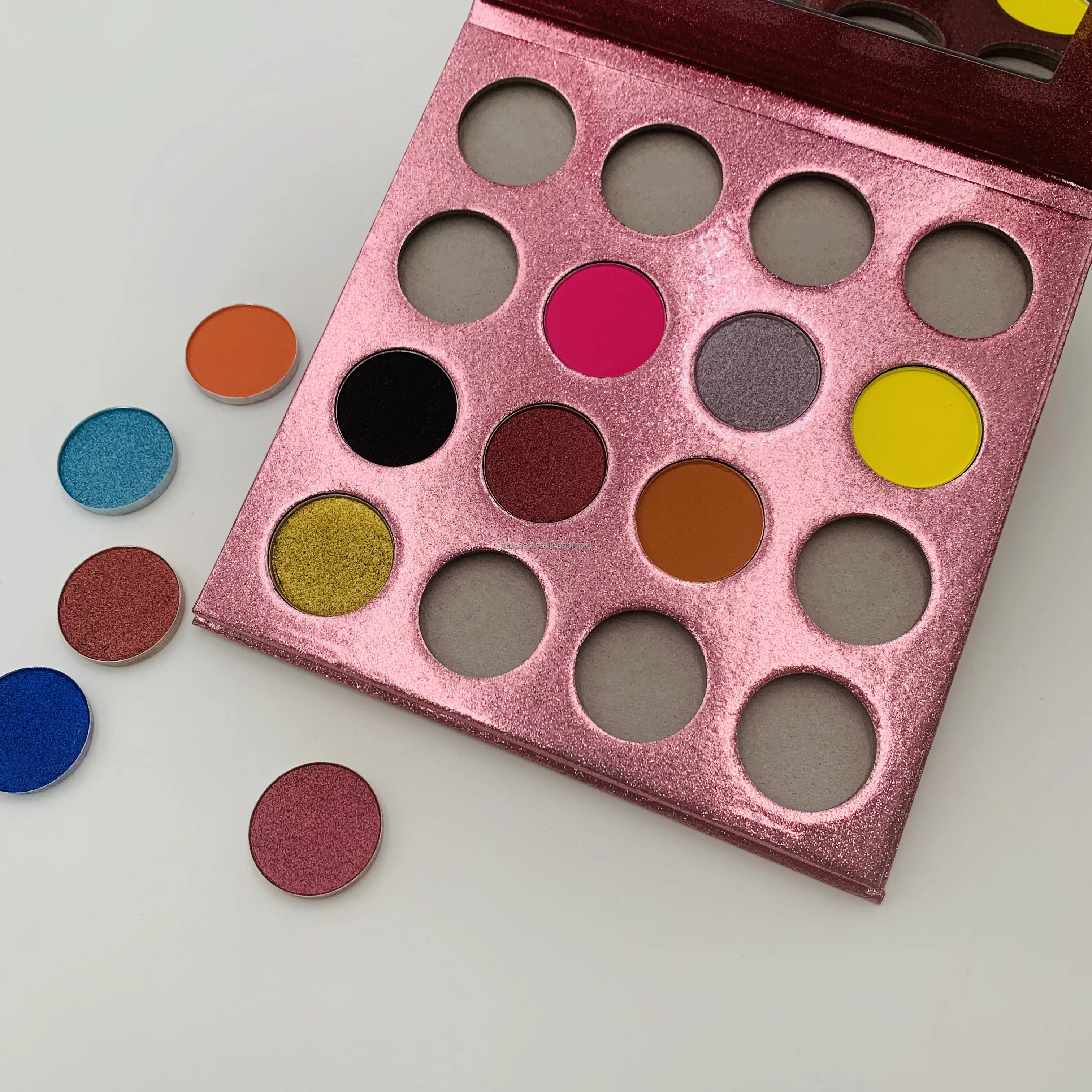 
Rose gold sparkly 26mm magnetic custom 16 color eyeshadow palette packaging 