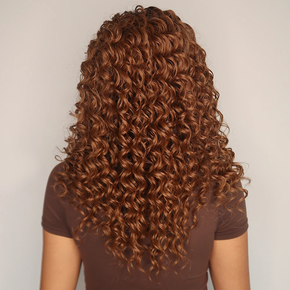 Ainizi 22 inches afro kinky curly ombre brown synthetic T-part lace frontal wigs