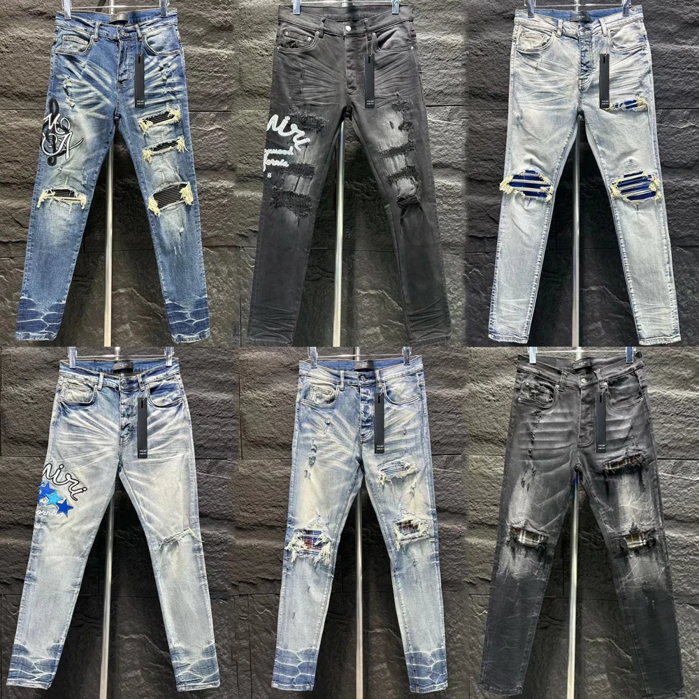 Designer jean Amiry mens trousers biker embroidery ripped for trend cotton fashion jeans men slim pants black hip purple jeans