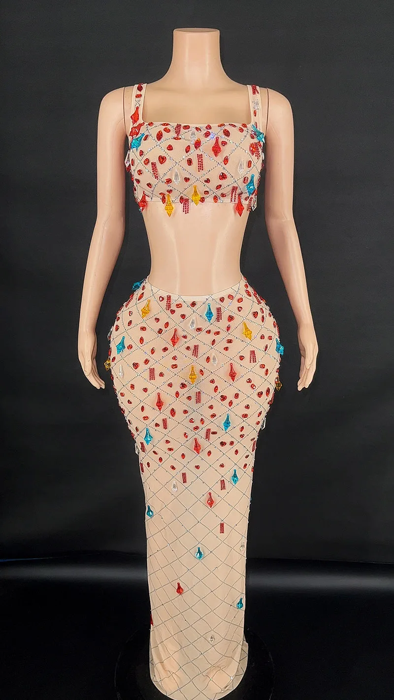 A9133 Factory Customized Two Piece Crop Top and Long Skirt Set Colorful Rhinestone Beaded Sexy Cocktail Evening Party Dresses