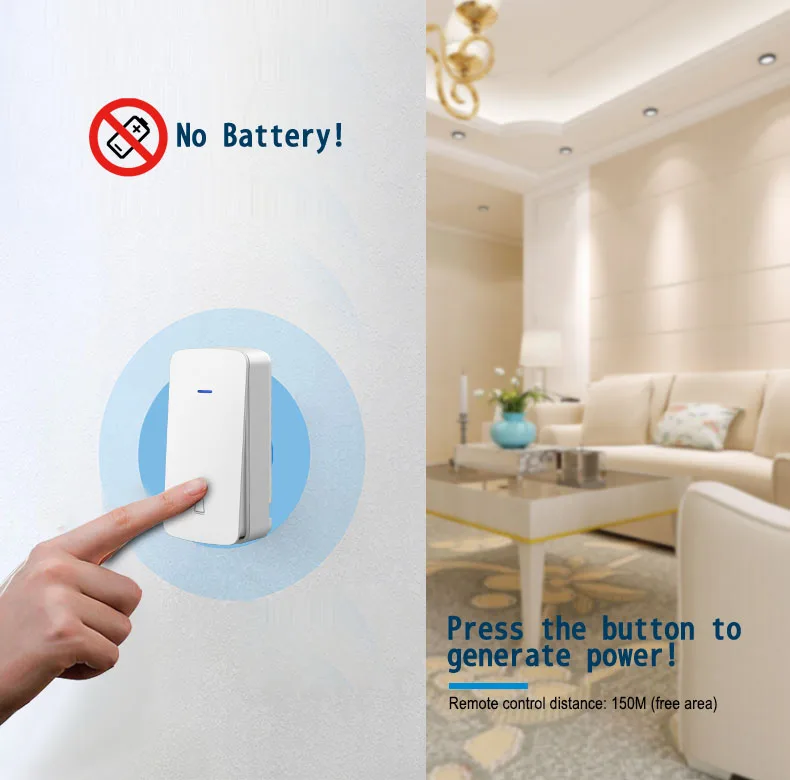 Wireless Plug Through Doorbell with Additional Socket with kinetic battery free bell push button no need battery