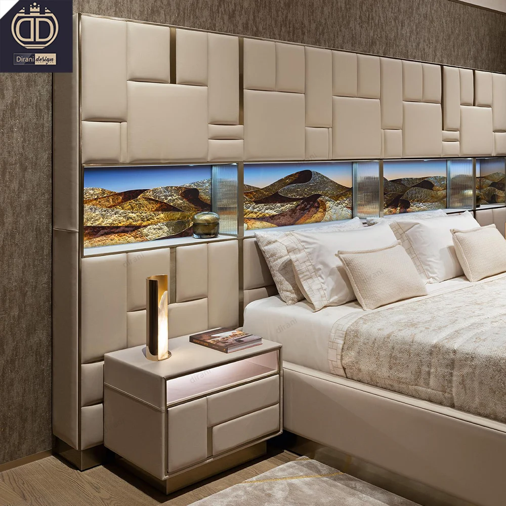 villa high end leather king size tall headboard bed luxury modern tall upholstered bed frame with led lights storage