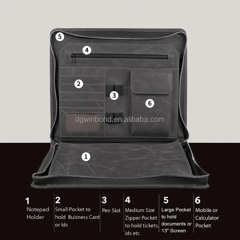 A4 Custom Multi-Functional Business Leather Portfolio File Folder Zippered Closure Portfolio Organizer Folder Storage Folder