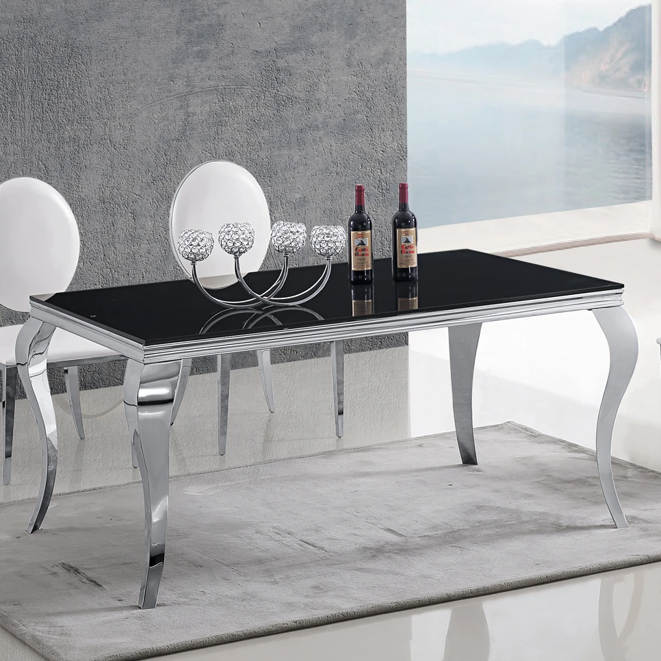 Louis Dining Table with Tempered Black Glass Top and Chrome Base