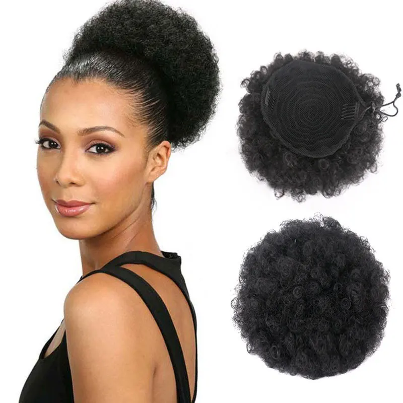 
Fashion Curly Ponytail Twins Buns Clip In Elastic Drawstring Ponytail African American Black Short Afro Kinky Curly Hair 