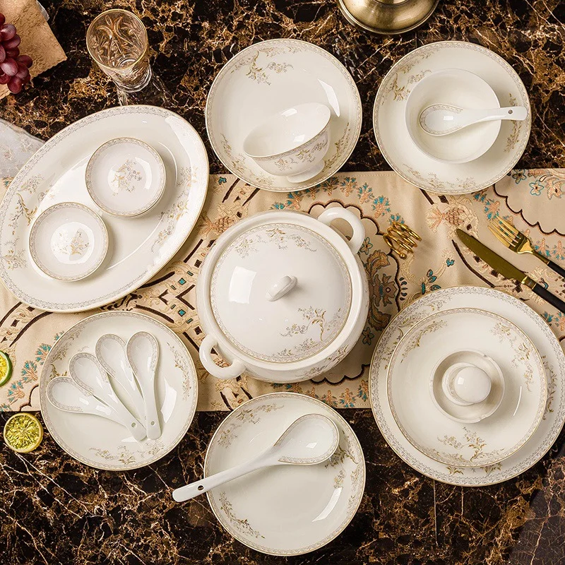 Luxury Food Grade Porcelain Restaurants Bowl Dishes Plates Dinner Set Tableware Golden Edge Bone China Dinnerware Set