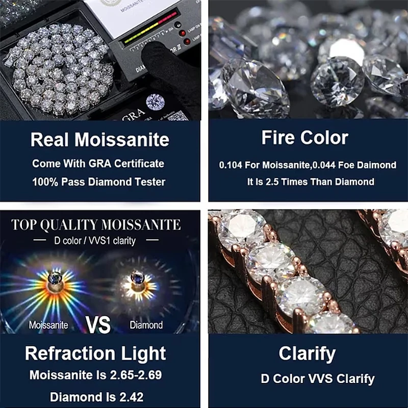 New Design Pass Diamond Tester Hiphop Jewelry 3mm-5mm VVS Moissanite Diamond Iced Out Cluster 925 Silver Tennis Chain Necklaces