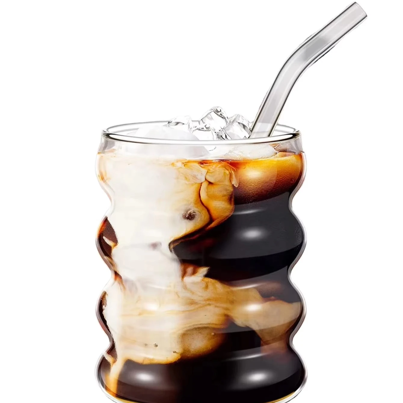 Leeseph 4Pcs Creative Glass Cups Coffee Mug Vintage Drinking Glasses Ribbed Glassware Aesthetic Cups with Straws Set