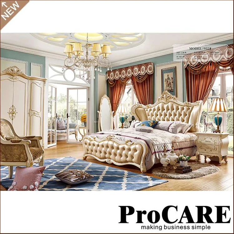 High Quality Bedroom Set Furniture Luxury Classic Style Wooden Carved Frame Leather King Size Bed