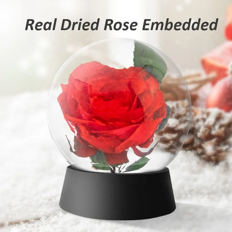 resin natural real preserved red rose dried flowers decorative resin flower globe ball with black base Christmas eternity roses