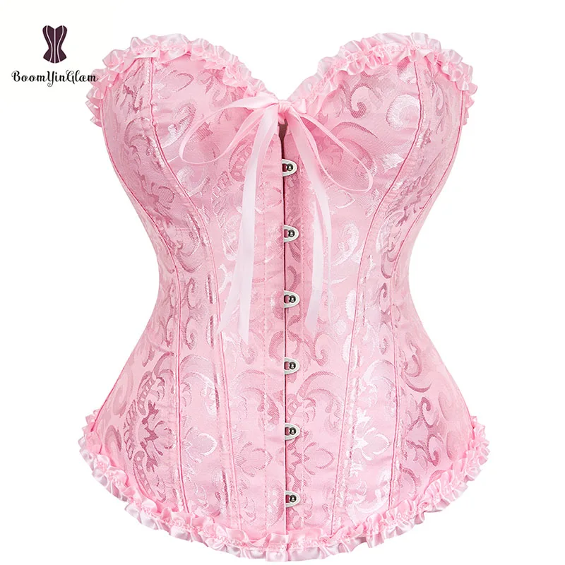 Pink Steampunk Corset Bustier Top  Plus Size Wedding Bridal Gorset Floral Brocade Boned Corselet Women