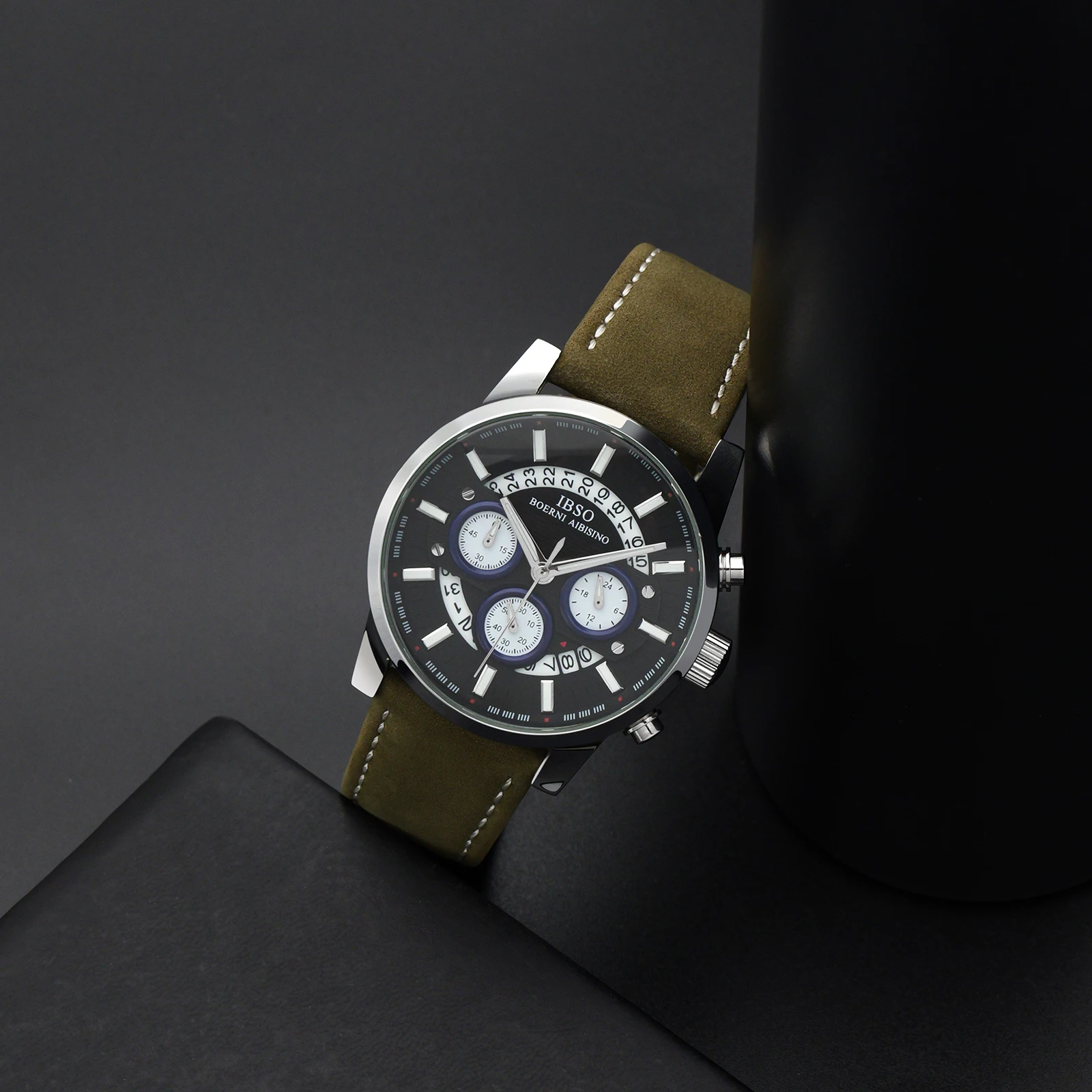 IBSO High Quality Quartz Watch Men Business Style Case 22mm Leather Strap 3Bar Water Calendar Chronograph Design Buckle Seiko