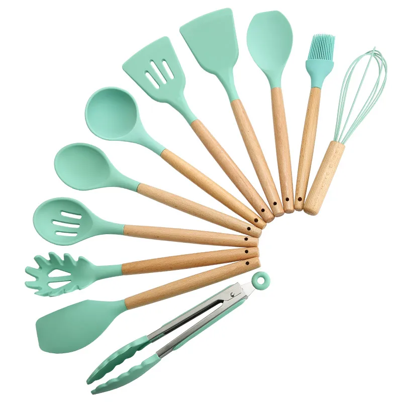 2021 Eco-Friendly Kitchen Tools 11 Piece Silicone Kitchenware Set  With Wooden Handle Kitchen Utensils With Round Container