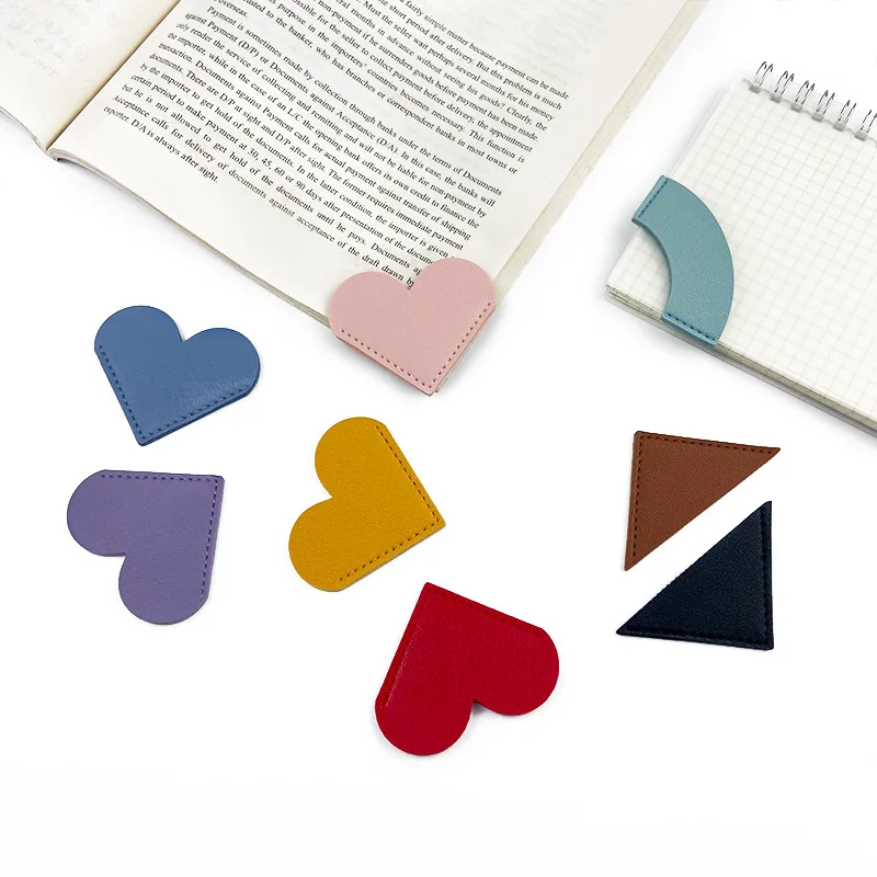Leather heart shaped bookmarks stickers pu love book holder custom leather corner bookmarks