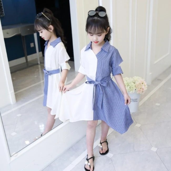 
SE7171 wholesale kids clothes fancy patchwork lace striped pattern colourful girls dress with belt 