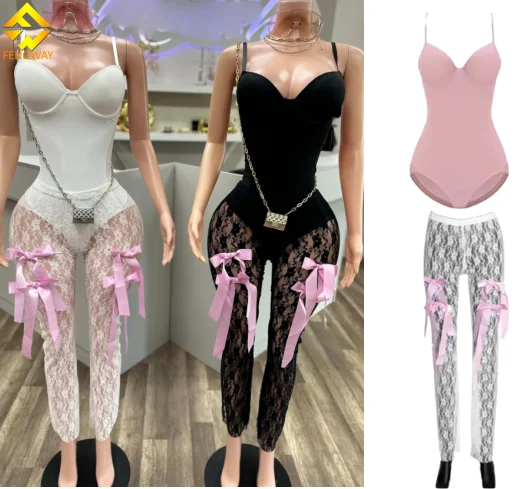 2024  Women Clothes Set Sexy 2 Piece Set Corset Bodysuit Tops High Waist Slim Bow Lace Pants Fashion Party Clubwear Suits