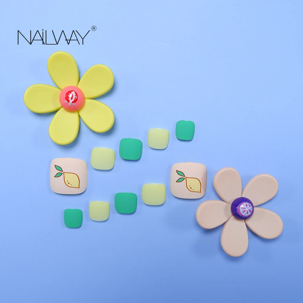 2021 New Factory Fruit Printing Stick on Nails Colorful Toe Matte False Press on Toe Nails