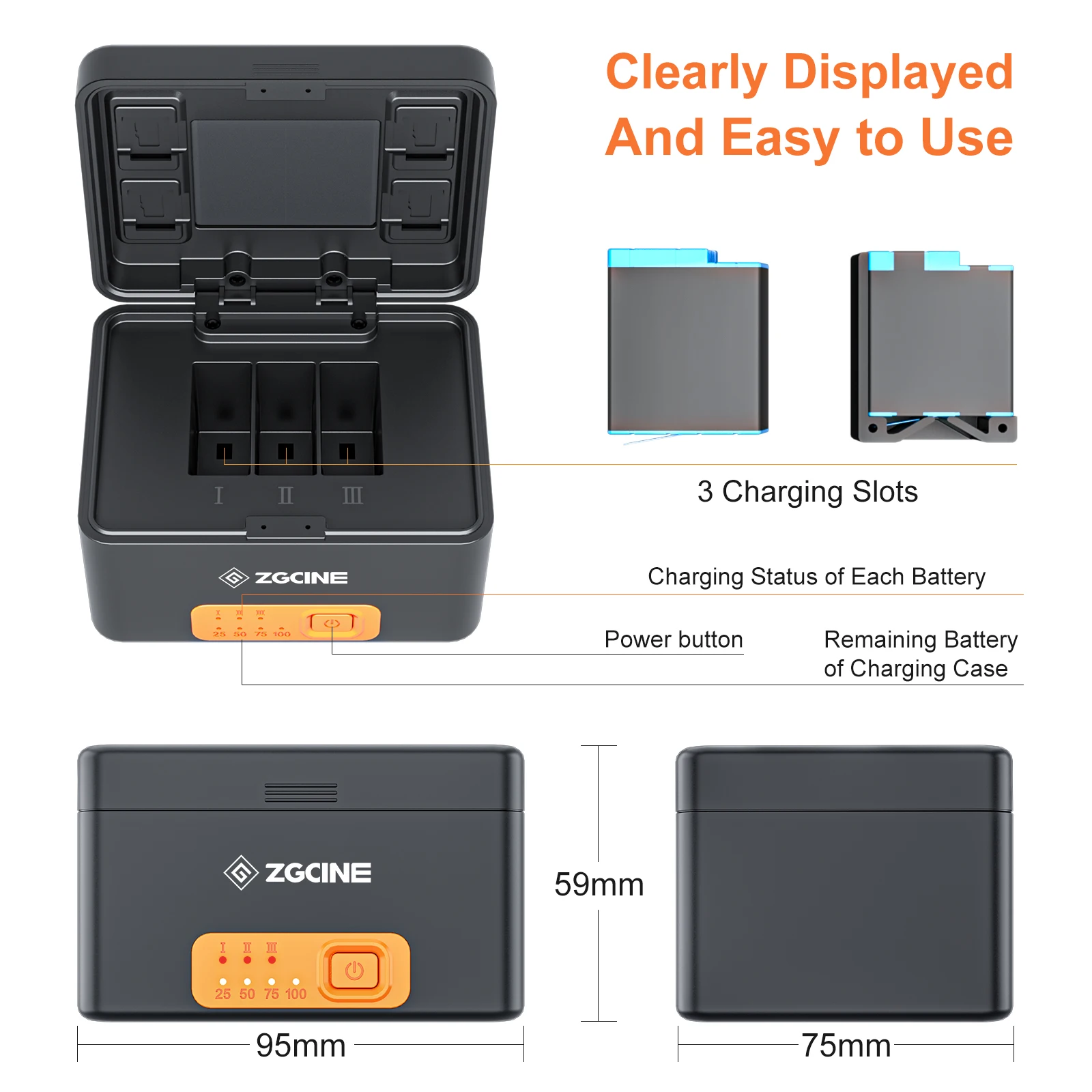 ZGCINE Portable Charging Case for GoPro Hero 10/9/8/7/6/5 Batteries  Wireless Fast Charging Box With Build-in 10400mAh Battery