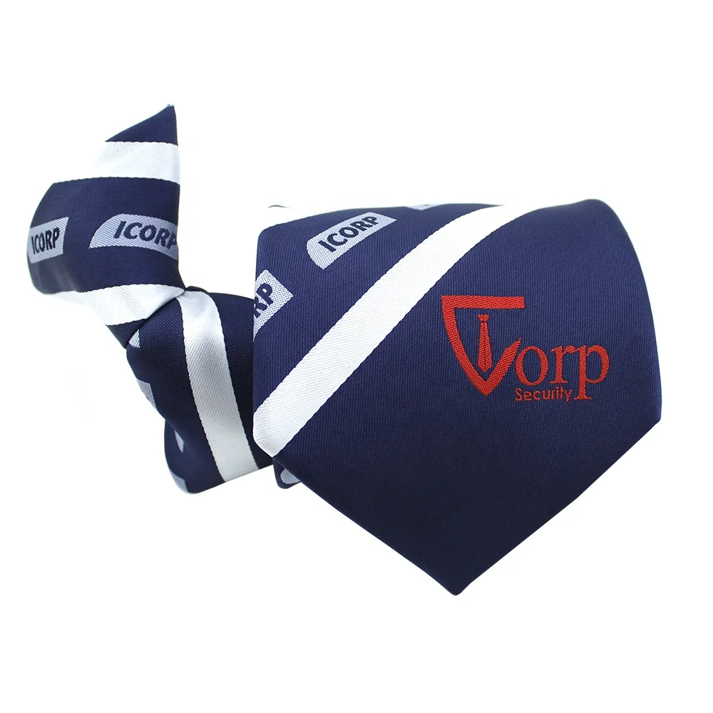 Mens Wholesale Custom Clip-on Neckties Polyester Jacquard Dark Dusty Blue White Striped Red Logo Security Clip On Ties For Men