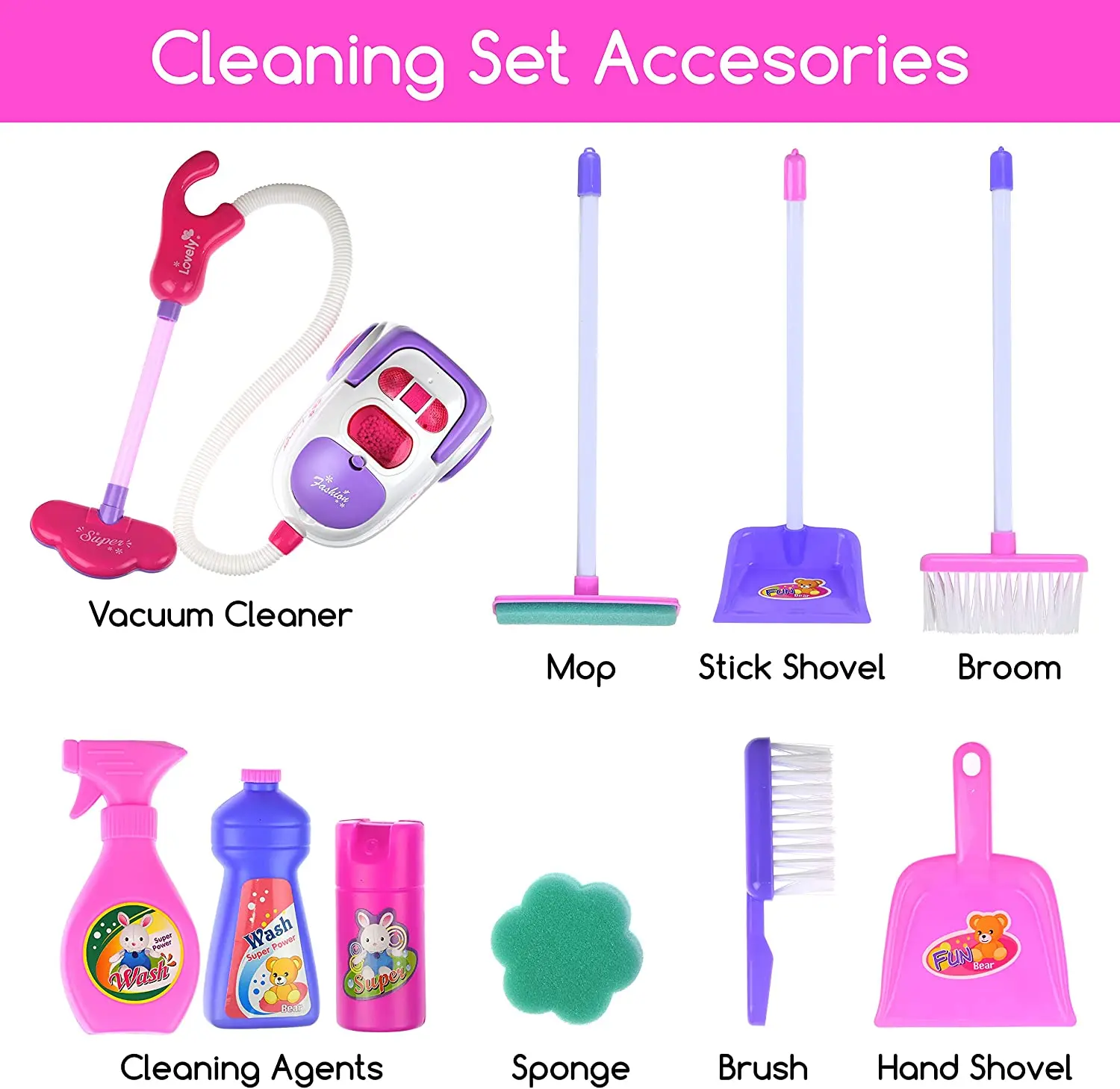 Magical Play Set for Kids with Toy Vacuum Cleaner Mop Broom Sponge Dustpan and Pretend Cleaning