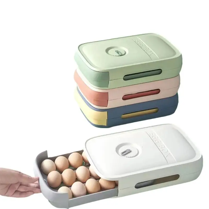 NISEVEN Creative Multi Grid Kitchen Plastic Box With Lid Drawer Type Egg Storage Box with Time Recording Egg Storage Box