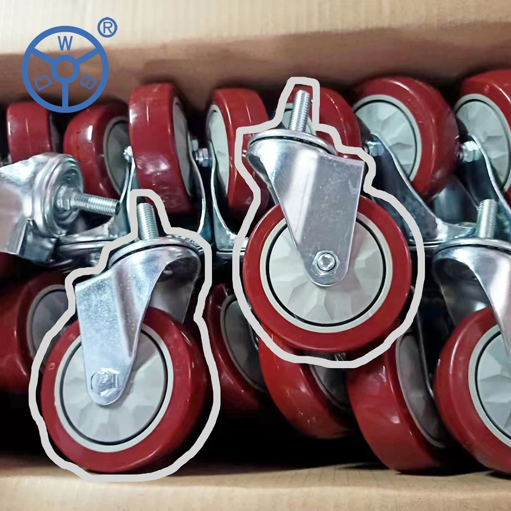 With cover Red 3/4/5 inch PU wheel castors  replacements swivel top plate threaded stem caster wheels for trolley