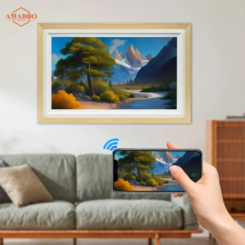 Wifi Digital Wood Frames Thin Wall Mount Display Kiosk Digital Art Frame 21.5 Inch Digital Signage Advertising Equipment