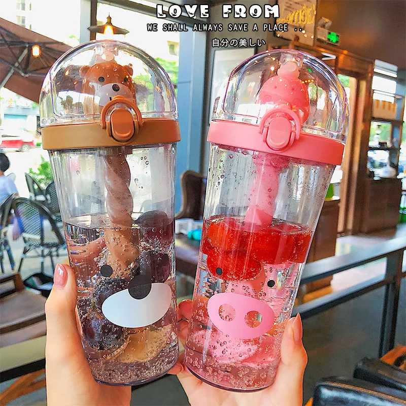 Clear 500ml customized hot selling portable drinking cup with lid and strawanimal cute plastic stirring water bottle