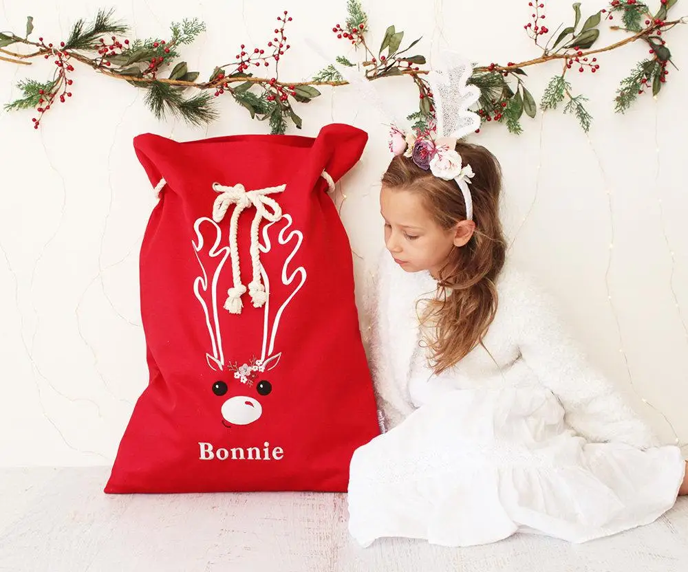 Personalized Santa Sack Ball Printing Red Beige Friends Cotton Rope Large Capacity Santa Sacks