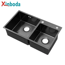 Modern Handmade Multi-Functional Malaysia Large Black Double Bowl House 304 Stainless Steel Undermount Kitchen Sinks